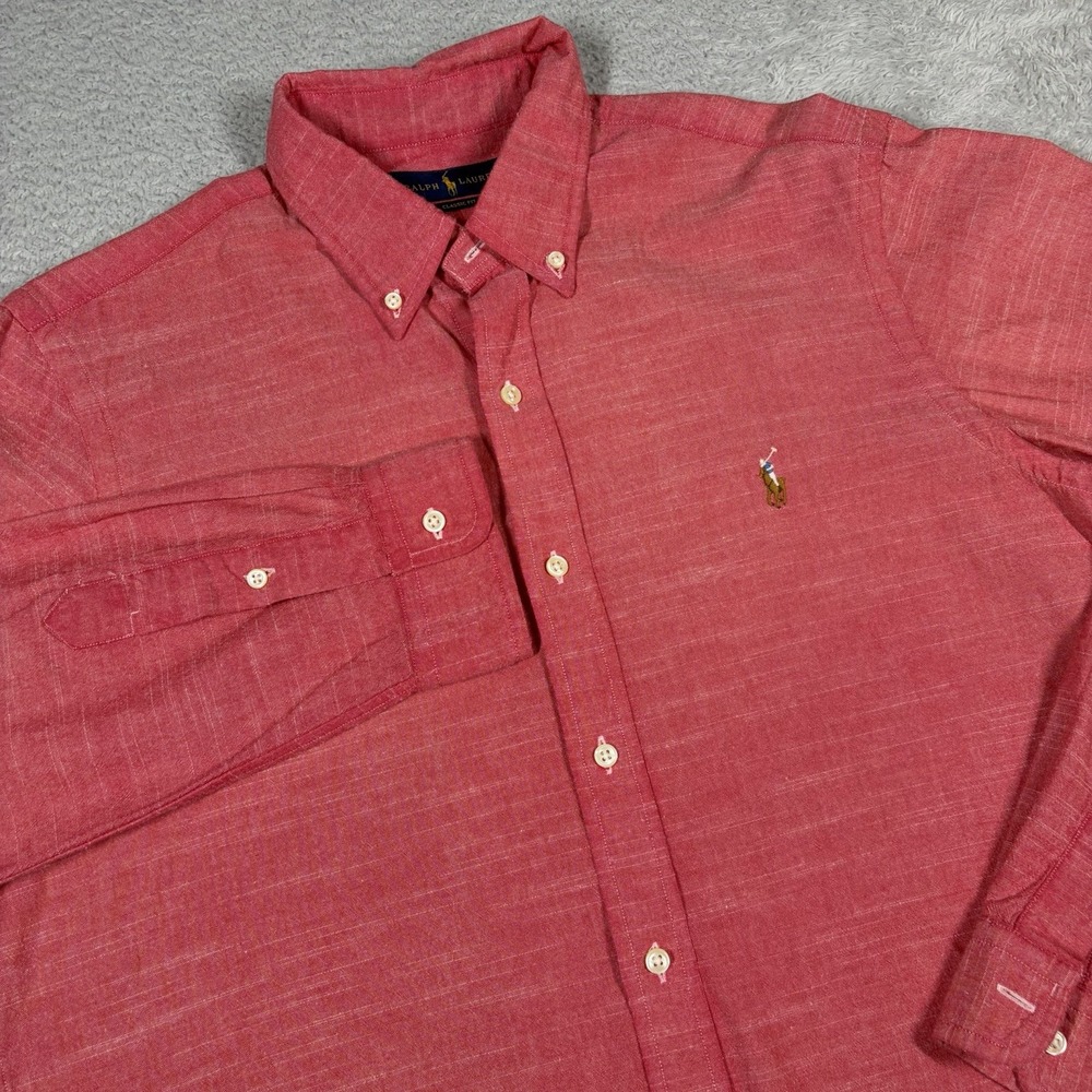 Polo Ralph Lauren Shirt Mens L Red Classic Cotton Linen Classic Fit Flesh Pony